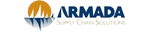 Logo of armada supply chain solutions featuring stylized text and an abstract design of a sun over water with vertical blue lines.